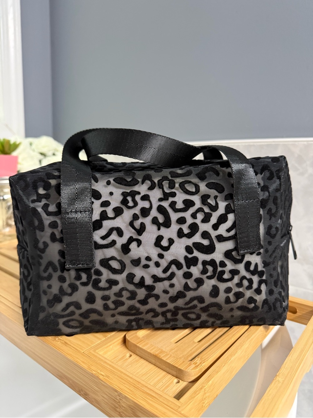 Black Mesh Leopard  Print Carry Tote Bag